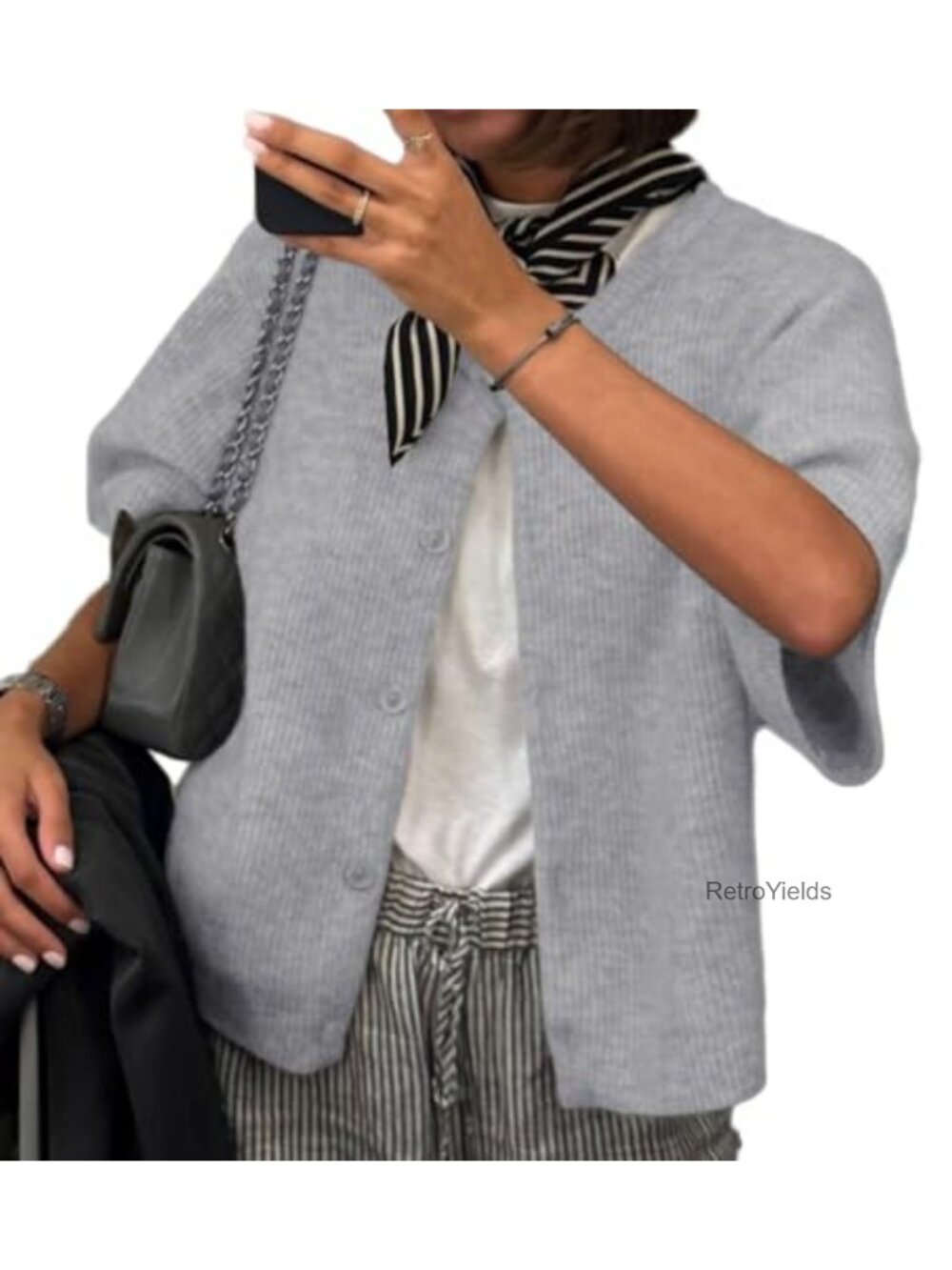 Women's Short Sleeve Button Down Cardigan Sweater Lightweight Knit Crew Neck